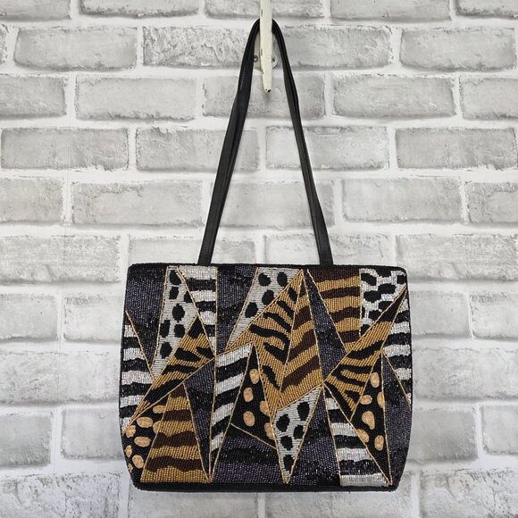 Vintage Chico's Beaded Animal Print Shoulder Bag Black Y2K Glam - Picture 2 of 9